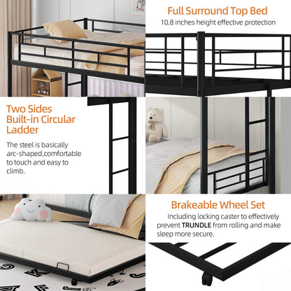 Twin Over Twin Bunk Bed with Trundle, Metal Space-Saving Design For Boys, Girls, Kids, Young Teens and Adults, Easy Assembly, K86