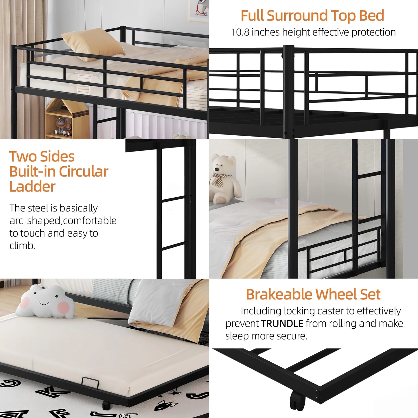 Bunk Bed with Roll Out Trundle Bed Frame, Metal Bunk Bed can be Divided into Two Twin Beds, Trundle Twin Bunk Bed with Ladders and Guardrails for Guest Room, Space Saving Bedroom Furniture