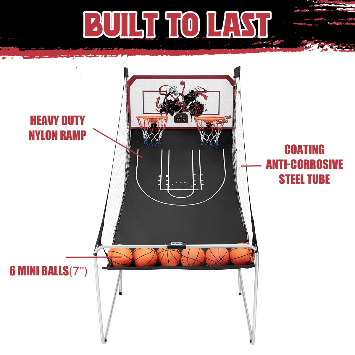 Foldable Basketball Arcade Game, 81" Electronic Dual Shot Basketball Games, Indoor Outdoor Basketball Game Machine with 8 Game Options, 6 Balls, LED Scorer, Steel Frame, Inflation Pump for Home