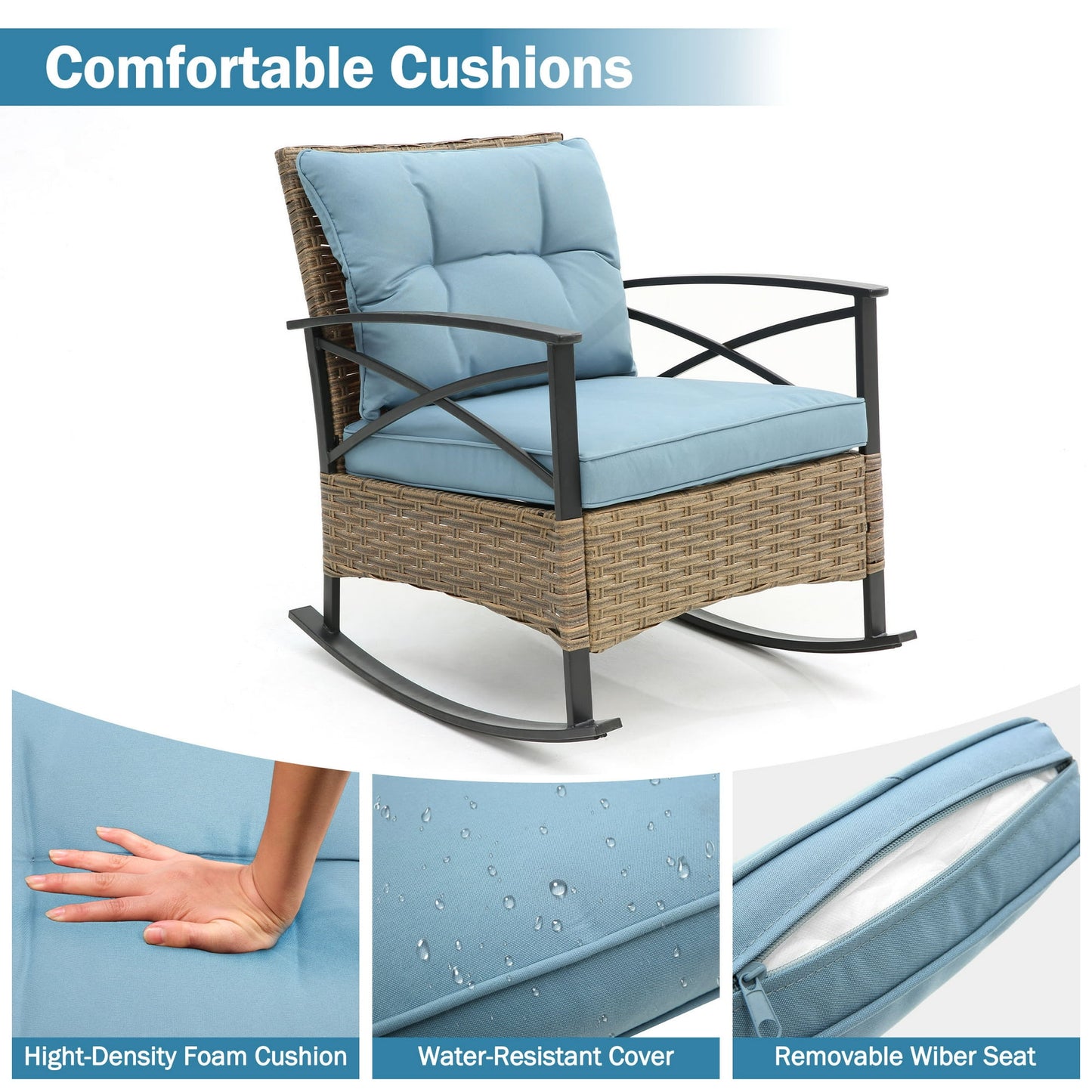 Segmart 3-Piece Patio Rocking Bistro Set, Outdoor Rattan Wicker Chairs with Blue Cushions & Steel Side Table, Front Porch Furniture Set for Balcony, Garden, Poolside