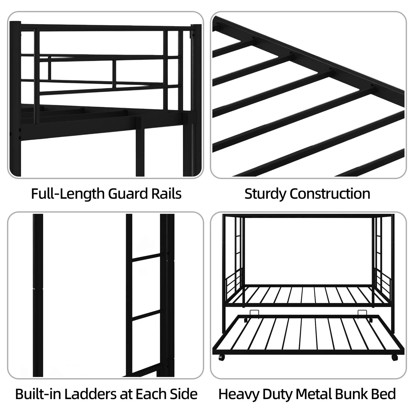Bunk Bed with Roll Out Trundle Bed Frame, Metal Bunk Bed can be Divided into Two Twin Beds, Trundle Twin Bunk Bed with Ladders and Guardrails for Guest Room, Space Saving Bedroom Furniture