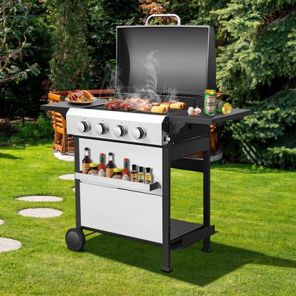 4 Burner Propane Gas Grill and Griddle Combo, Propane BBQ Grill with Foldable Side Table, Hanging Basket, and Tool Hooks for Backyard Camping Cooking, 2 in 1, 49,200BTU Output
