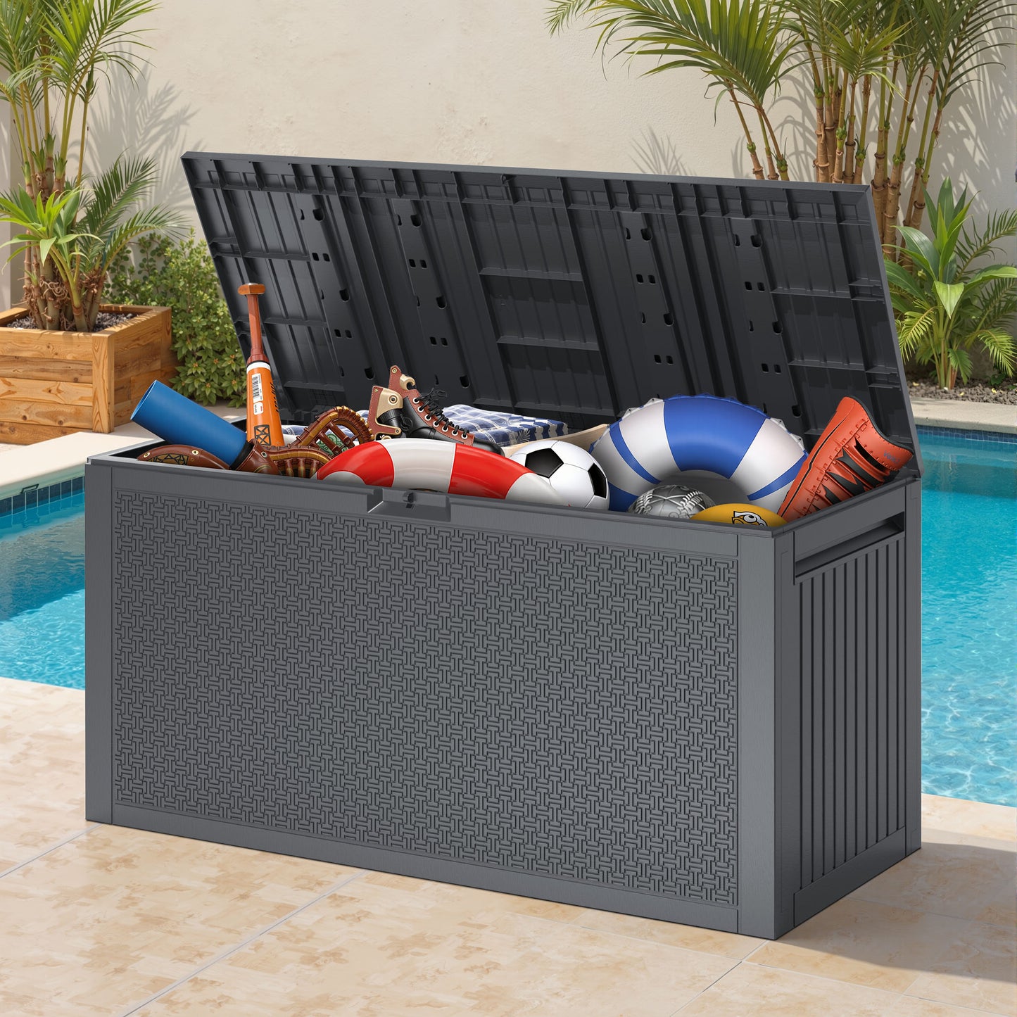 90 Gallon Outdoor Storage Box, Multi-function Deck Box for Organization & Storage, And As a Bench, Waterproof Outdoor Storage Container for Patio Cushions, Gardening Tools, Pool Supplies - Gray