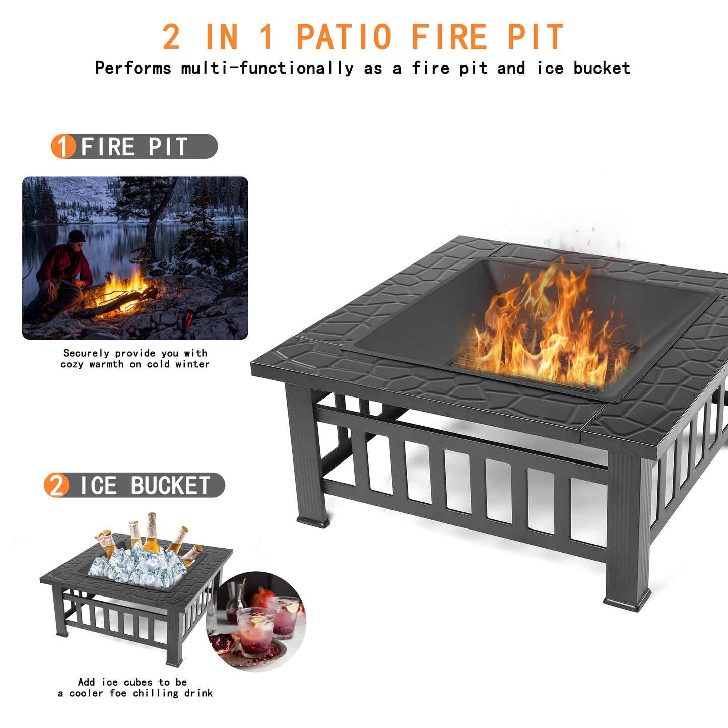 SEGMART Outdoor Fire Pit, 32" Square Metal Fire Pit Table with Spark Screen & Log Poker, Stove Wood Burning Fire Pit Bowl, Ideal for Yard Patio Beach Picnic Bonfire