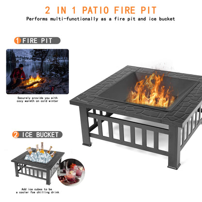 SEGMART Outdoor Fire Pit, 32" Square Metal Fire Pit Table with Spark Screen & Log Poker, Stove Wood Burning Fire Pit Bowl, Ideal for Yard Patio Beach Picnic Bonfire
