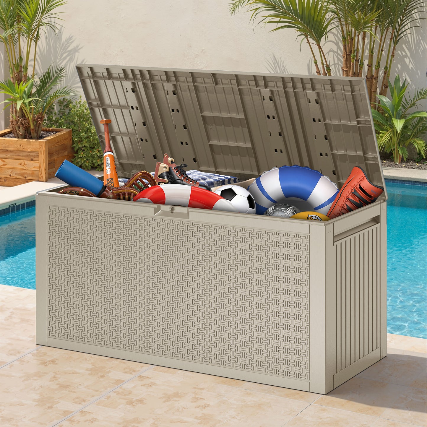 90 Gallon Resin Deck Box, Outdoor Lockable Storage Container for Patio Cushions, Garden Tools, Pool Supplies, Toys, Water Resistant and UV Resistant, Holds up to 485lbs, Light Brown