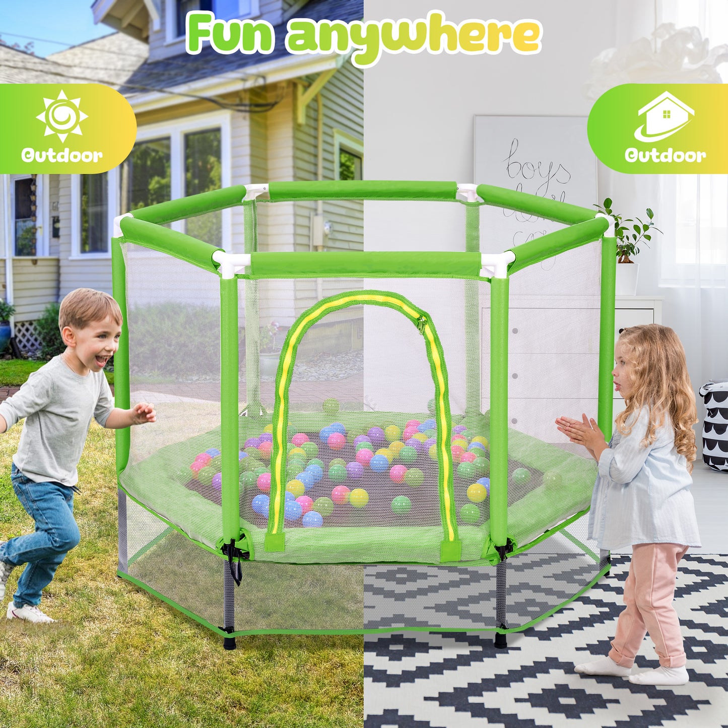 55'' Toddler Trampoline for Kids, SEGMART Kids Trampoline with Enclosure Net and Balls, Indoor Outdoor Mini Small Trampoline Birthday Gifts for Boy and Girls Age 3 Months and up, Green