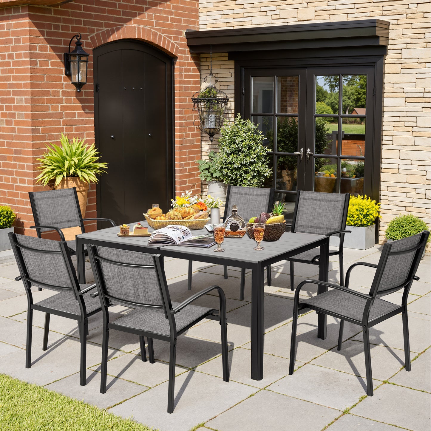 Patio Dining Set, 7PCS Outdoor Plastic-Wood Table & Textilene Chairs Set, Outdoor Furniture Dining Table Set, Garden Porch Backyard Poolside Sectional Conversation Set