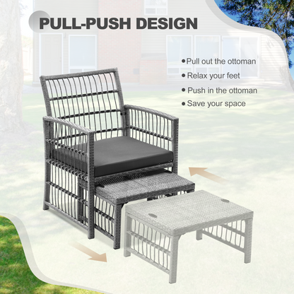 Outdoor Conversation Set of 5, Outdoor Patio Chair and Footstool Set with Cushions & 2-Tier Tea Table, All Weather Wicker Patio Furniture Set, Ideal for Patio Poolside Yard Deck Coffee Bar