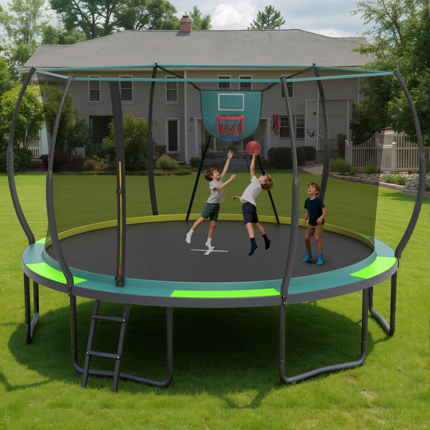 SEGMART Outdoor Trampoline with Enclosure and Ladder, 14FT Trampoline with Basketball Hoop, Recreational Trampoline with Anti-Rust Coating, Backyard Trampoline with No-Gap Design for Kids, Adults