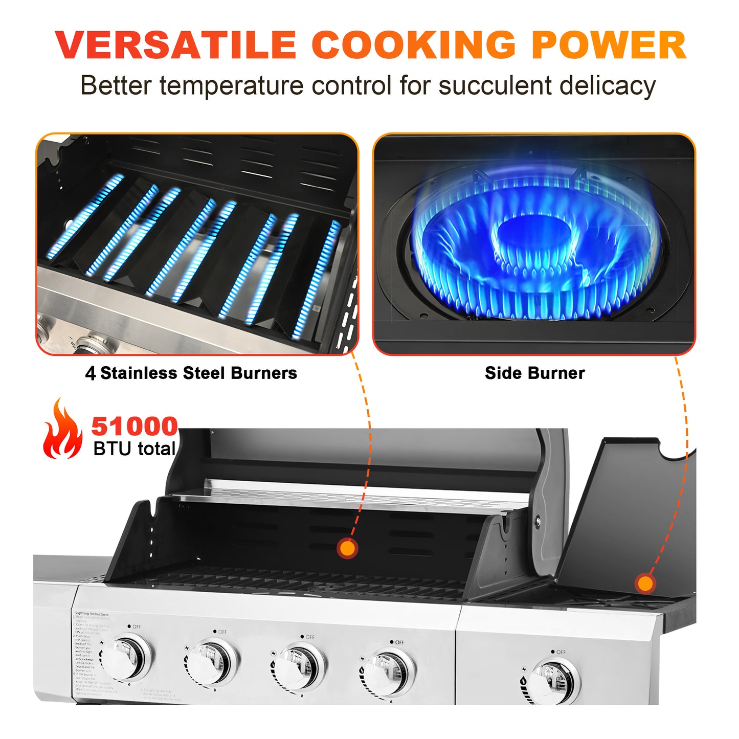 4-Burner Gas Grill with Side Burner, 51,000 BTU Propane BBQ Grill with Porcelain-Enameled Cast Iron Grates, Built-in Thermometer, Ideal for Patio Camping Outdoor Cooking