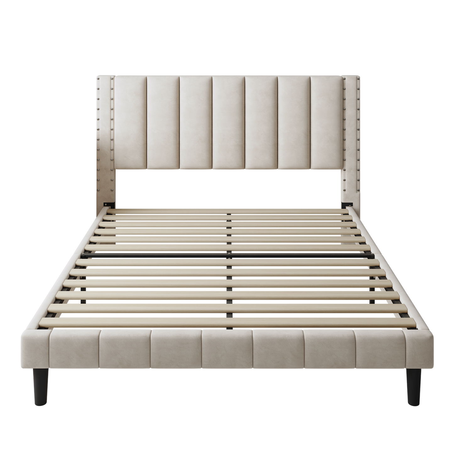 Segmart Queen Size Velvet Upholstered Bed Frame with Adjustable Rivets Headboard, Platform Bed with Wooden Slats Support, Fully Upholstered Mattress Foundation, No Box Spring Needed, Beige