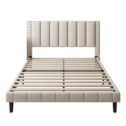 Segmart Queen Size Velvet Upholstered Bed Frame with Adjustable Rivets Headboard, Platform Bed with Wooden Slats Support, Fully Upholstered Mattress Foundation, No Box Spring Needed, Beige