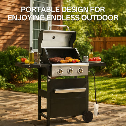 Segmart 3 Burner BBQ Propane Gas Grill, Stainless Steel 25,650 BTU Patio Garden Barbecue Grill with Folding Side Tables, Hanging Basket & Thermometer, Perfect for Camping, Outdoor Cooking