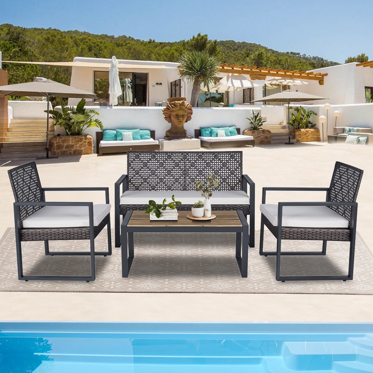 Outdoo Furniture Set, 4 Pieces Wicker Porch Conversation Set w/Cushions, All-weather Hollow Rattan Patio Sectional Sofa Set with Table