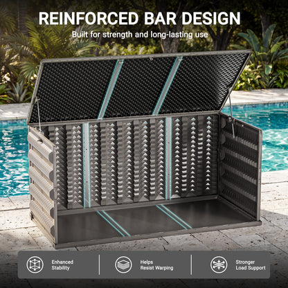 180 Gallon Resin Deck Box, Outdoor Lockable Storage Container for Patio Cushions, Garden Tools, Pool Supplies, Toys, Water Resistant and UV Resistant, Reinforced Rib Design, Built-in Wheels, Gray