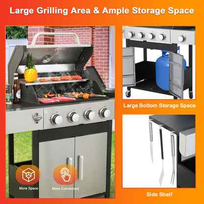 4-Burner Propane Gas Grill with Side Burner, Gas BBQ Grill with Thermometer, Bottle Opener, and Tool Hooks, 46,790 BTU Output, Combining a Grilling Grate With a Griddle Tray
