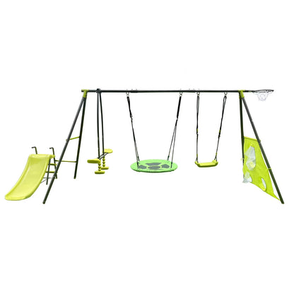 5 in 1 Outdoor Metal Swing Set with Seesaw Swing, Playground Swing Sets with Heavy-Duty A-Frame Metal Outdoor Stand, Swing n' Slide Playset for Kids with Basketball Hoop