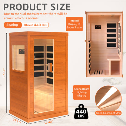 1 Person Infrared Sauna, Okoume Wood Far Infrared Saunas for Home, 9000watt Indoor Personal Sauna Room Box with Control Panel, Glass Door, Blue-Tooth