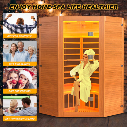 Segmart 2-3 Person Home Sauna, Far Infrared Sauna, 2100W Low EMF Infrared Hemlock Wood Sauna with Tablet Stand, Cup Holder, Bluetooth Speakers, 7 Color Ambient LED Strips
