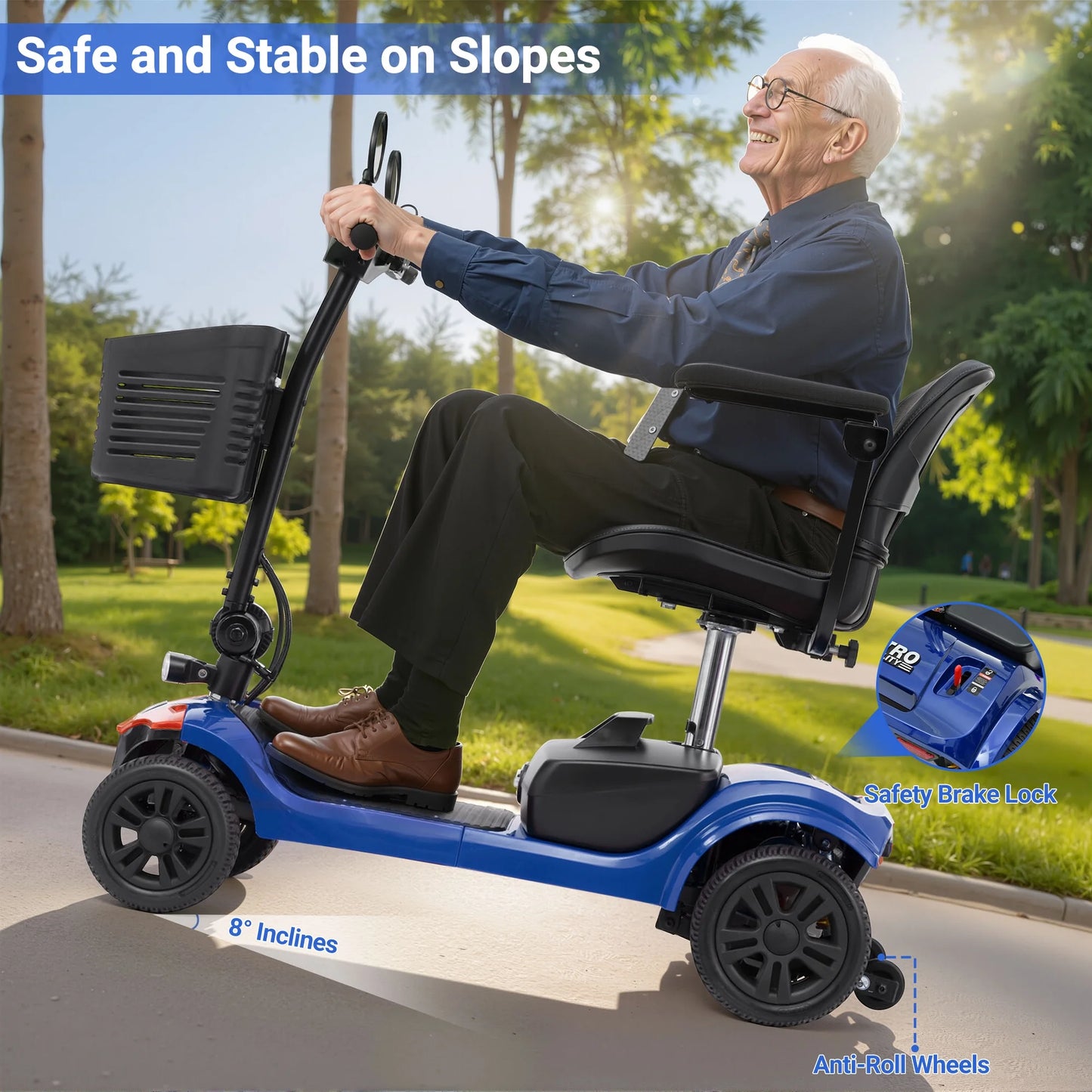 Segmart 4-Wheel Mobility Scooter for Seniors and Adults, Detachable Electric Scooter with Shock Absorption, 9-Inch Rear Wheels, 360° Swivel Seat, Electromagnetic Brake and LED Lights, Blue