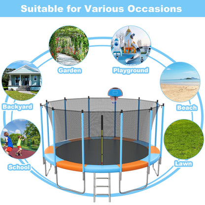 Trampoline for Adults and Kids with Safety Enclosure, 16ft SEGMART Upgrade Outdoor Trampoline with Basketball Hoop, Heavy Duty Round Trampoline with Ladder for Outdoor Park