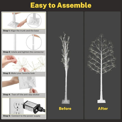 3-Pieces Lighted Birch Trees Sets, SEGMART 6FT+5FT+4FT White Pre-lit Christmas Trees with 650 LED, Stand and Timer, Artificial Christmas Decorations for Festival, Party