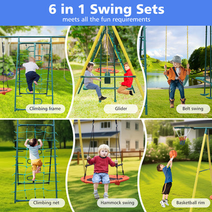 Swing Sets for Backyard, 6 in 1 Swing Set for Outside, Segmart Heavy Duty A-Frame Metal Swing Set with Climbing Ladder and Nets, Saucer Swing, Belt Swing, Basketball Hoop, Wavy Slide