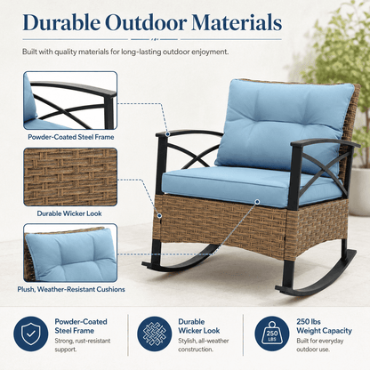 Segmart 3-Piece Patio Rocking Bistro Set, Outdoor Rattan Wicker Chairs with Blue Cushions & Steel Side Table, Front Porch Furniture Set for Balcony, Garden, Poolside