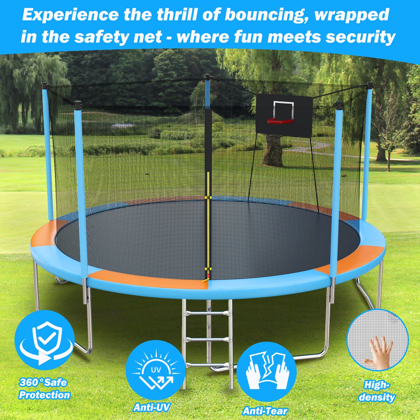 14FT Trampoline for Adults Kids, SEGMART Upgraded Round Recreational Trampoline with Basketball Hoop, Outdoor Heavy Duty Backyard Trampoline with Enclosure Net for Indoor Outdoor Backyard, Blue