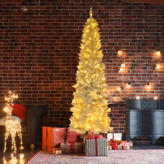 6.5Ft Pre-lit Christmas Tree with 250 LED Light & 719 Tips, Segmart Pencil Halloween Christmas Trees w/Solid Metal Legs, Holiday Decorations for Indoor Outdoor, White, SS1487