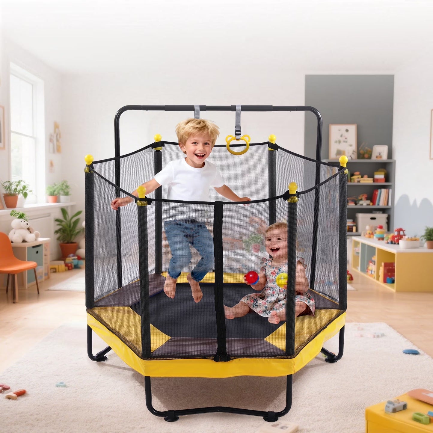 54" Kids Trampoline with Swing, Horizontal Bar, SEGMART 4-in-1 Oval Toddler Trampoline with Enclosure Safety Net, Outdoor Indoor Backyard Recreational Trampoline for Kids, Toddlers, Baby
