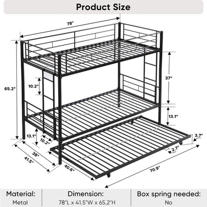 Twin Over Twin Bunk Bed with Trundle, Metal Space-Saving Design For Boys, Girls, Kids, Young Teens and Adults, Easy Assembly, K86