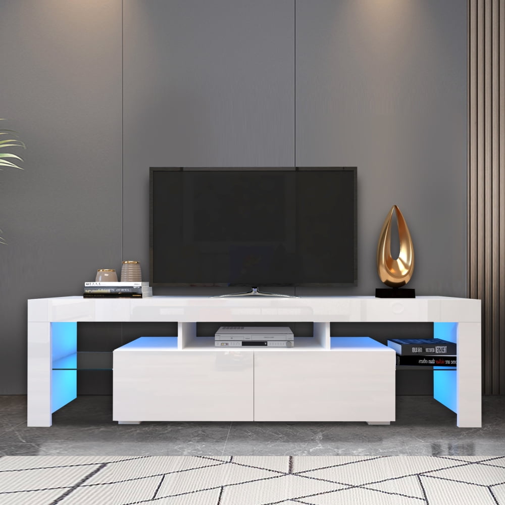 LED TV Stand for 70-inch TVs, Segmart High Gloss Entertainment Center Home Furniture with Storage Drawer and Shelves, Media Console Table Television Stands Cabinet Desk, White, S9782