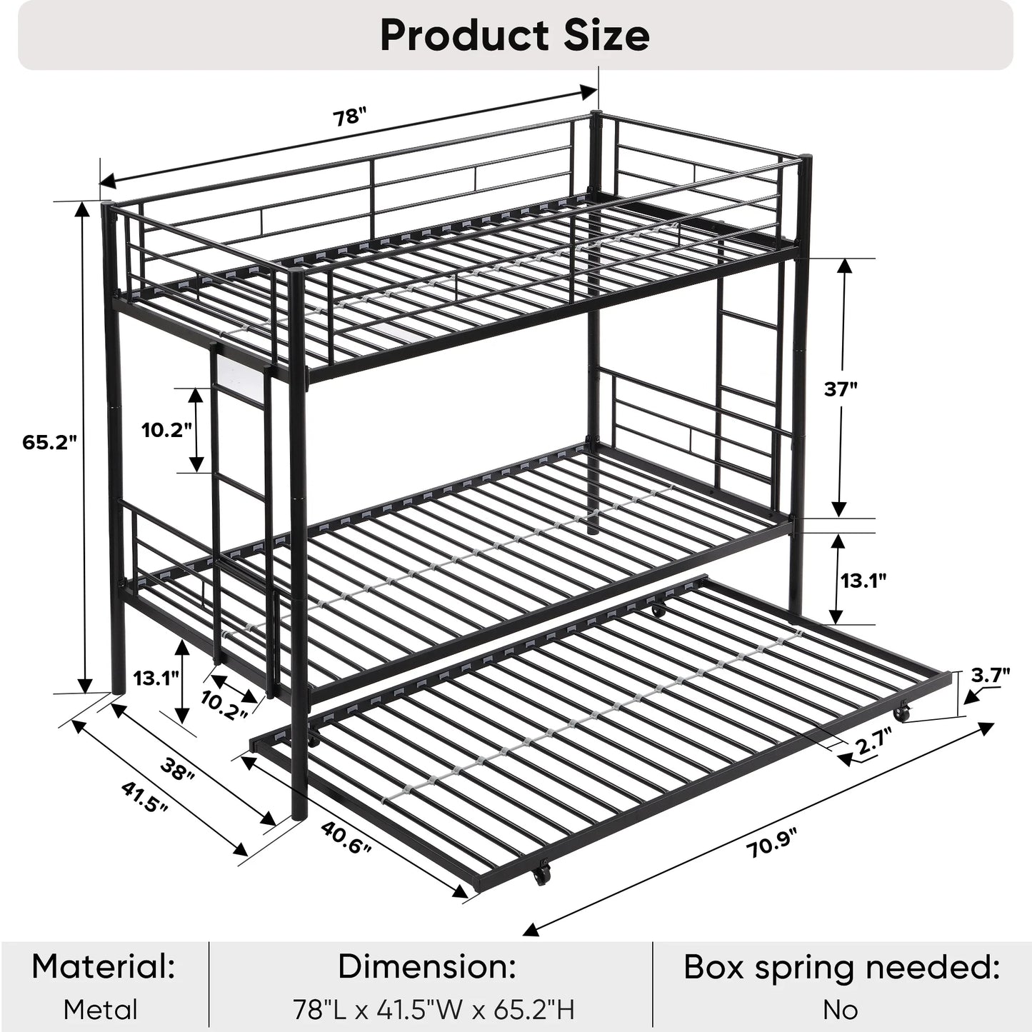 Bunk Bed with Roll Out Trundle Bed Frame, Metal Bunk Bed can be Divided into Two Twin Beds, Trundle Twin Bunk Bed with Ladders and Guardrails for Guest Room, Space Saving Bedroom Furniture