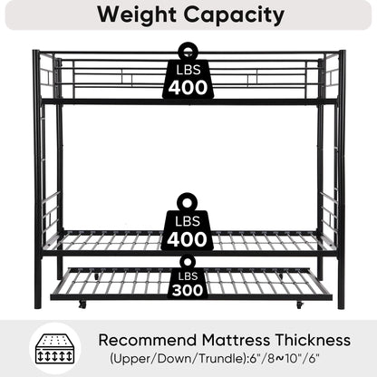 Bunk Bed with Roll Out Trundle Bed Frame, Metal Bunk Bed can be Divided into Two Twin Beds, Trundle Twin Bunk Bed with Ladders and Guardrails for Guest Room, Space Saving Bedroom Furniture