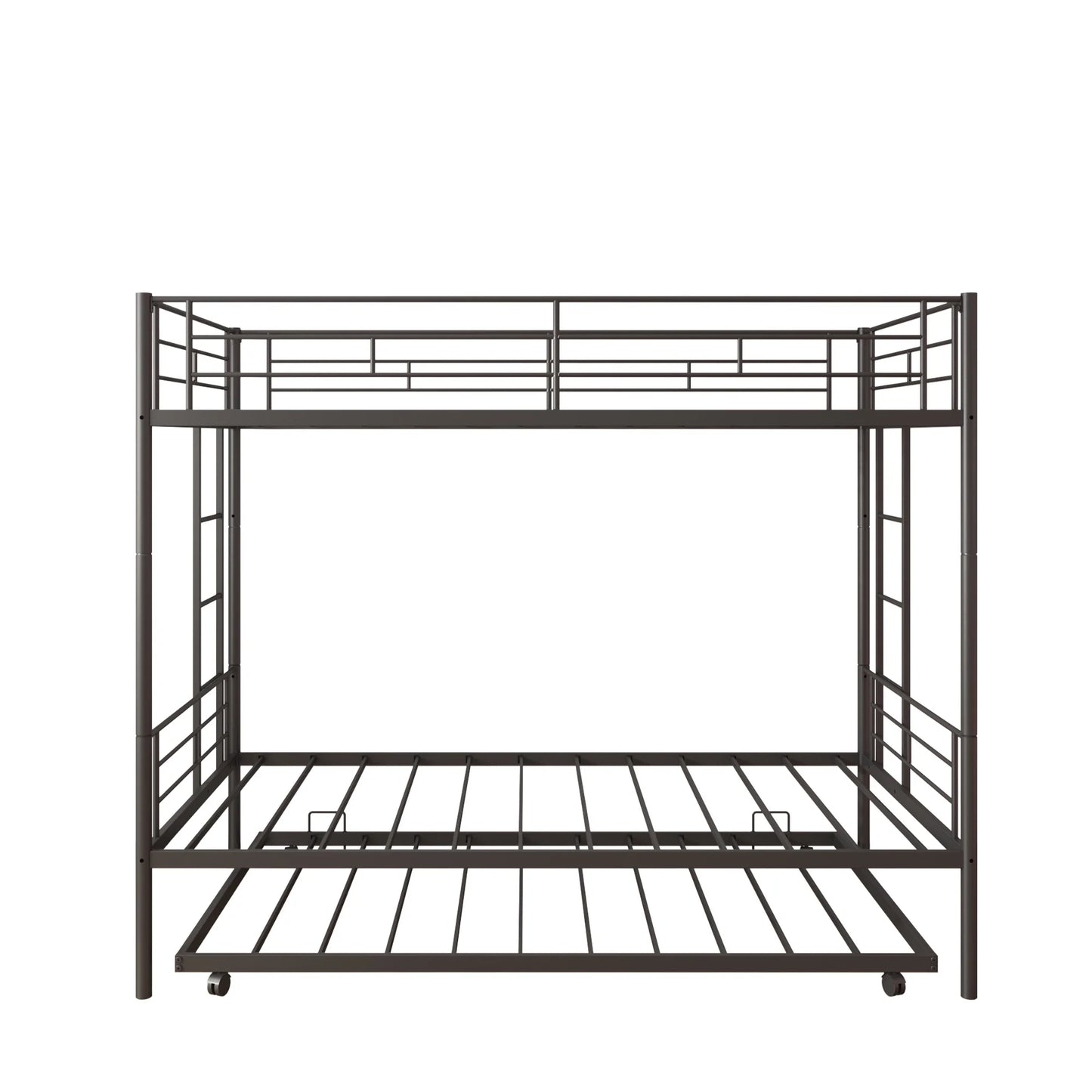 Bunk Bed with Roll Out Trundle Bed Frame, Metal Bunk Bed can be Divided into Two Twin Beds, Trundle Twin Bunk Bed with Ladders and Guardrails for Guest Room, Space Saving Bedroom Furniture