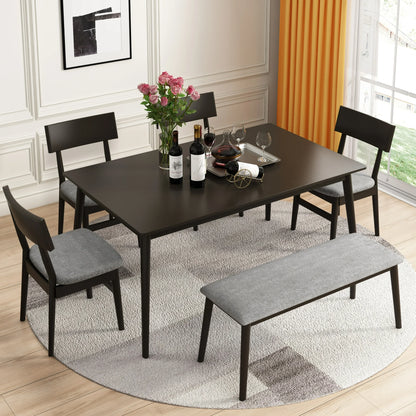 6 Piece Dining Table Set, Modern Home Dining Set with Table, Bench & 4 Cushioned Chairs, Wood Rectangular Table and Chair Set, Kitchen Table Set for Dining Room - Espresso