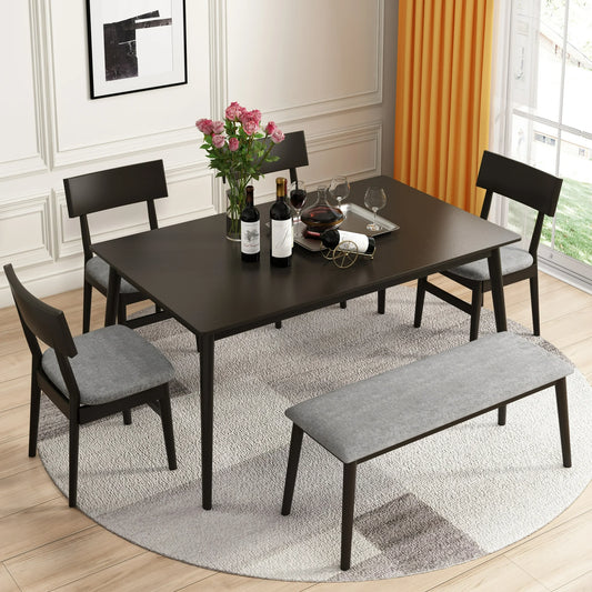 6 Piece Dining Table Set, Modern Home Dining Set with Table, Bench & 4 Cushioned Chairs, Wood Rectangular Table and Chair Set, Kitchen Table Set for Dining Room - Espresso