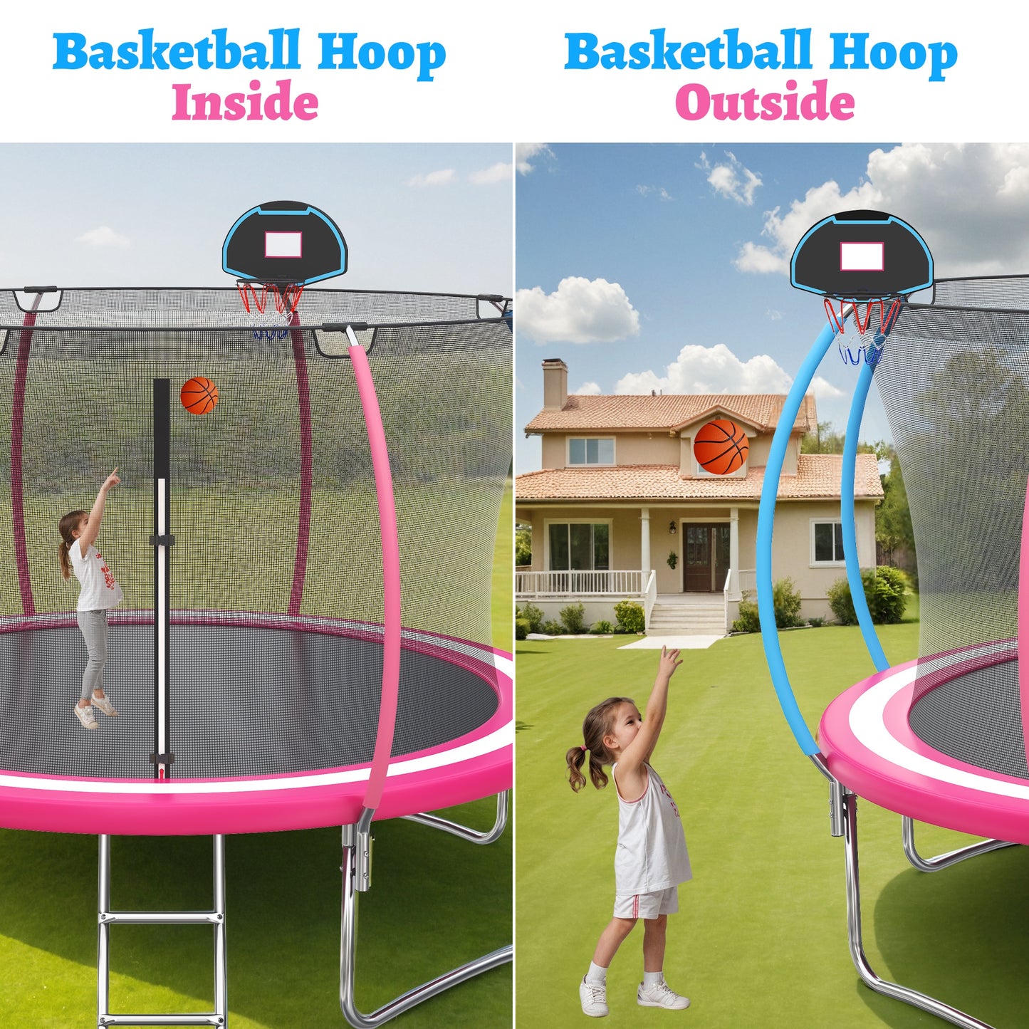 12ft Trampoline with Safety Enclosure, SEGMART Upgrade Outdoor Trampoline with Basketball Hoop, Heavy Duty Back Yard Trampoline with Ladder for Kids and Adults, Pink