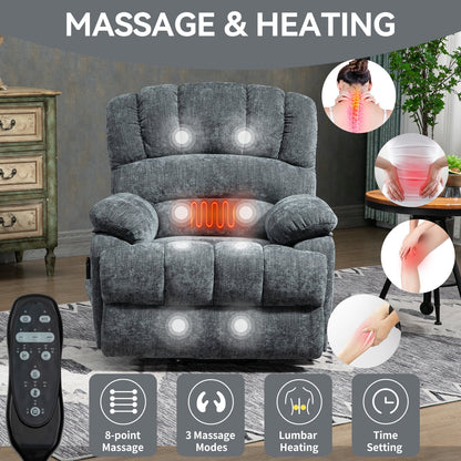 Extra Wide Power Lift Recliner Chair for Elderly, Oversized Chenille Lift Chair with 8-Point Massage & Lumbar Heat, USB Charging Port, Side Pockets, 350 lbs Capacity