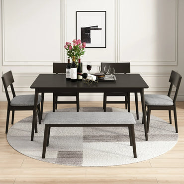 6 Piece Dining Table Set, Modern Home Dining Set with Table, Bench & 4 Cushioned Chairs, Wood Rectangular Table and Chair Set, Kitchen Table Set for Dining Room - Espresso
