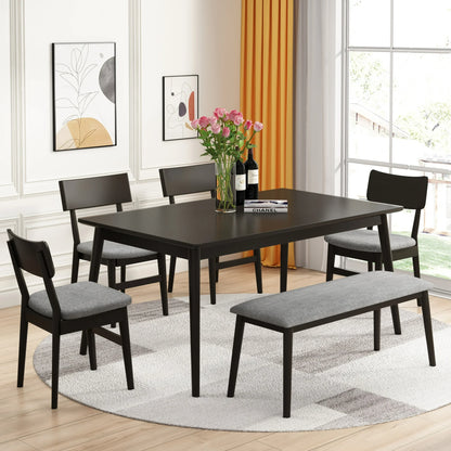 Wood Dining Table and Chair Set of 6, Dining Room Set for 6 Persons with Bench, Rectangular Kitchen Table with 4 Microfiber Padded Chairs Plus One Upholstered Bench, Farmhouse Kitchen Table Set