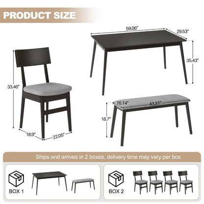 6 Piece Dining Table Set, Modern Home Dining Set with Table, Bench & 4 Cushioned Chairs, Wood Rectangular Table and Chair Set, Kitchen Table Set for Dining Room - Espresso
