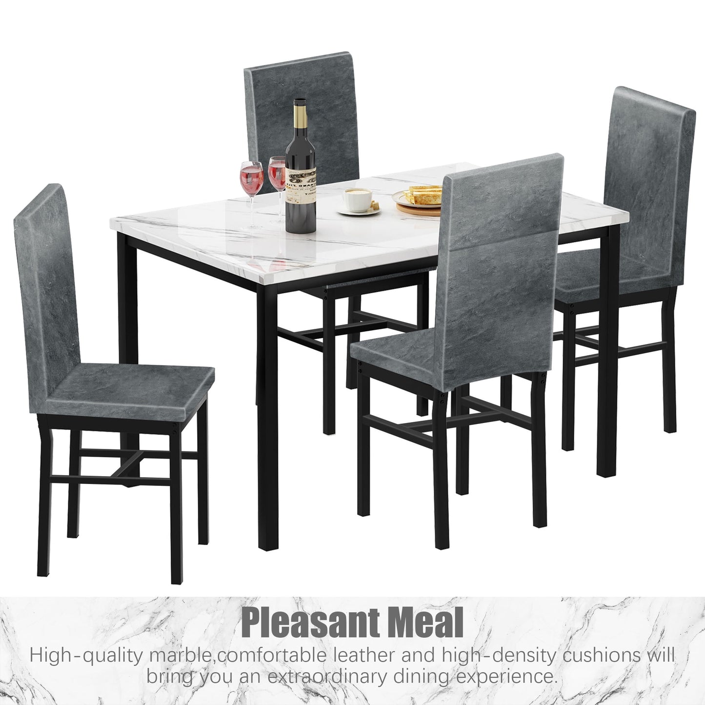 Kitchen Table and 4 Chairs Set, Metal Kitchen Table Sets Faux Marble Rectangular Breakfast Table w/Metal Legs & Black Finish Frame, Dining Table Sets for an Apartment Breakfast, Grey, SS1318
