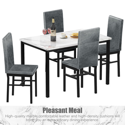 Kitchen Table and 4 Chairs Set, Metal Kitchen Table Sets Faux Marble Rectangular Breakfast Table w/Metal Legs & Black Finish Frame, Dining Table Sets for an Apartment Breakfast, Grey, SS1318