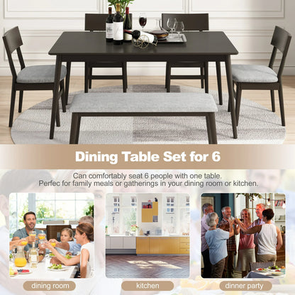 6 Piece Dining Table Set, Modern Home Dining Set with Table, Bench & 4 Cushioned Chairs, Wood Rectangular Table and Chair Set, Kitchen Table Set for Dining Room - Espresso
