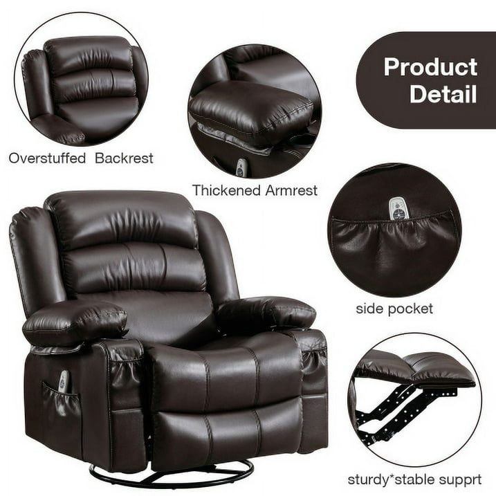 Segmart 360° Swivel Massage Recliner Chairs with Remote Control, PU Leather 8-Point Vibration Massage Recliner Chair with USB Charger, Cup Holders Bread-Type Handrail & Padded Seat Backrest, Brown