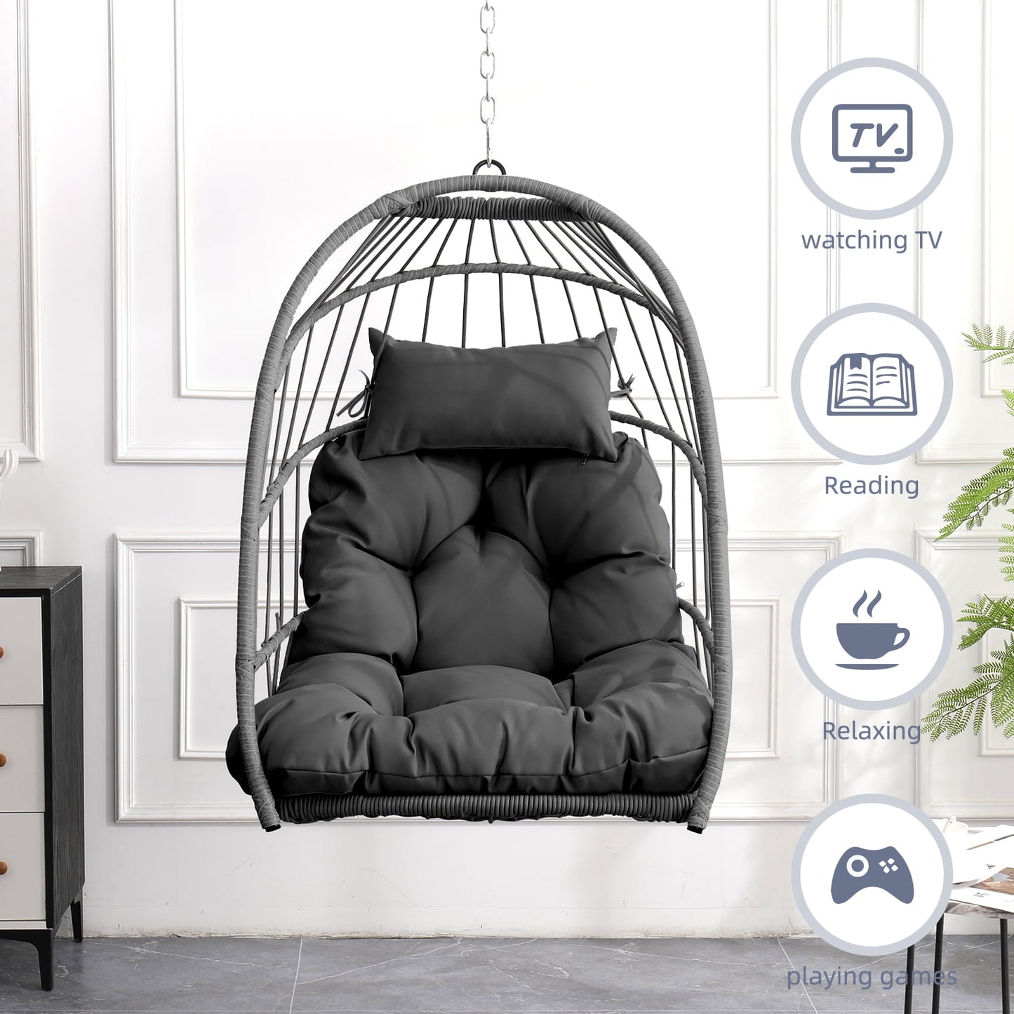 Patio Hammock Hanging Chair, Outdoor Wicker Swing Egg Chair with Stand and Cushion, 250LBS Capacity All-Weather UV Patio Rattan Lounge Chair for Patio, Deck, Yard, Garden, Beige, SS1880