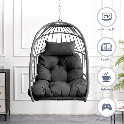 Patio Hammock Hanging Chair, Outdoor Wicker Swing Egg Chair with Stand and Cushion, 250LBS Capacity All-Weather UV Patio Rattan Lounge Chair for Patio, Deck, Yard, Garden, Beige, SS1880